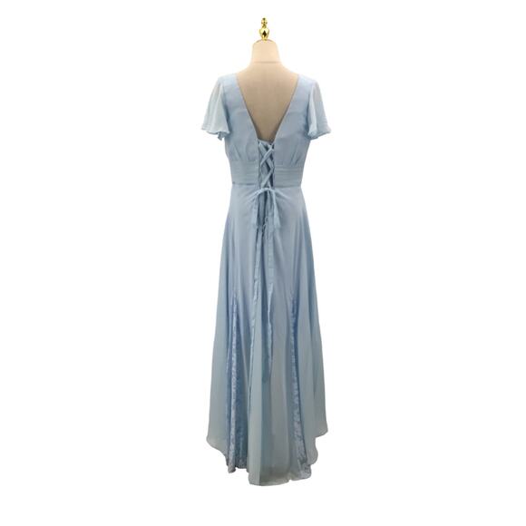 BRIDESMAID  SZ 12 L Blue Handkerchief Vneck Lace up party Maxi Dress NEW B82 - Picture 2 of 8